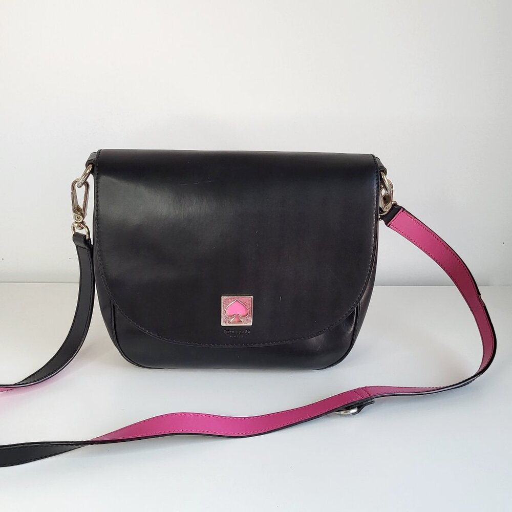 Kate Spade Black Leather Crossbody Bag • Pink Strap